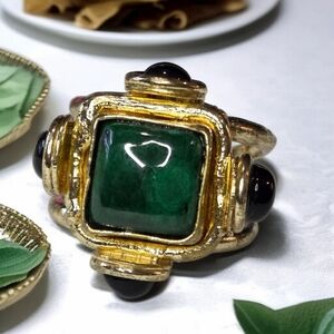 18k Gold Plated Genuine Emerald & Jet Onyx Statement Artisan Ring